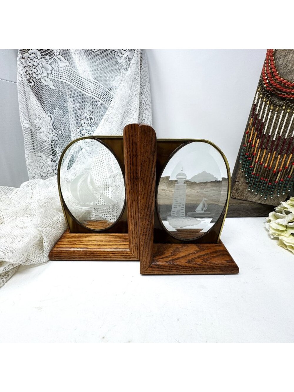Vintage Nautical Bookends Etched Glass & Wood Sailboat & Lighthouse Brass Trim